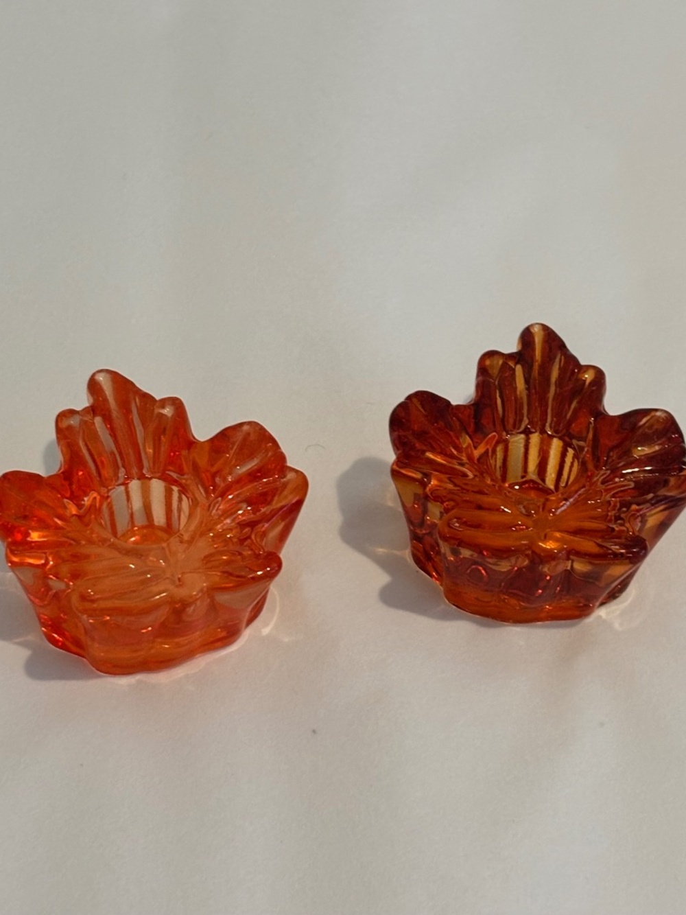 Vintage Maple Leaf candlestick holders SET OF TWO mini holders amber orange 1.5"